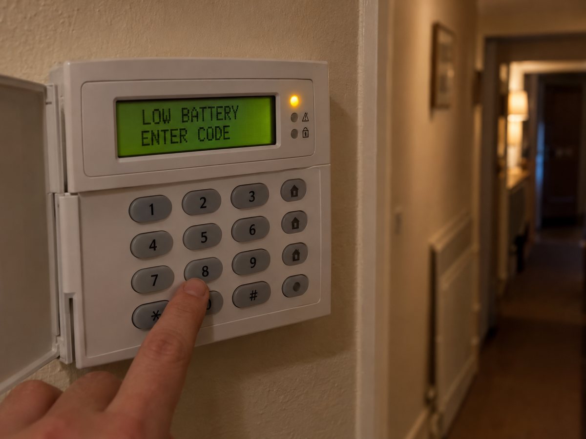 Burglar alarm keypad showing a low battery warning