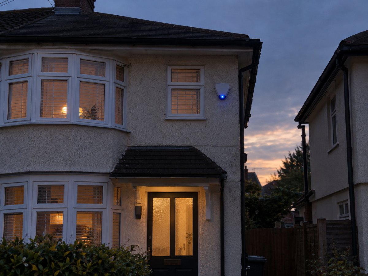 Burglar alarm bell box with its blue light flashing on the front of a semi-detached house at dusk