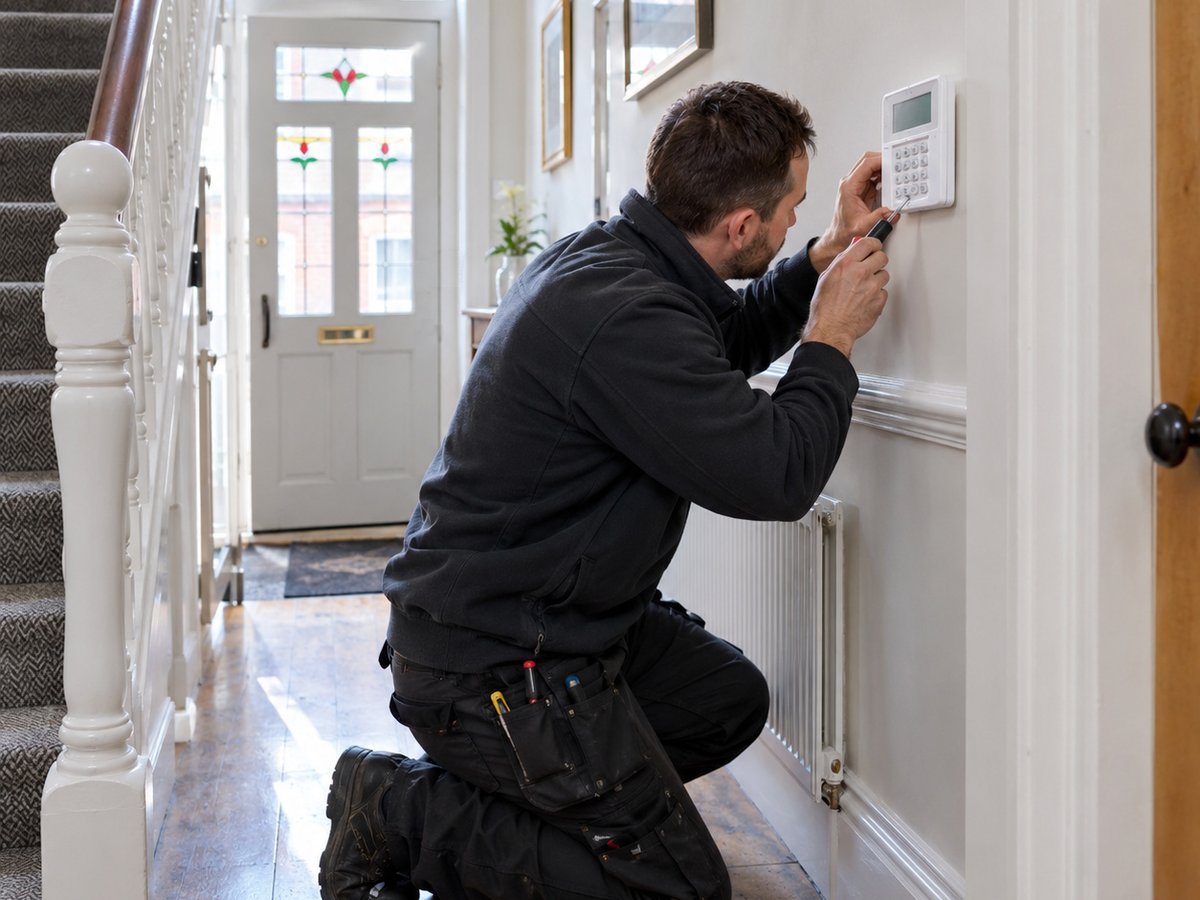 Engineer servicing a burglar alarm keypad in a hallway