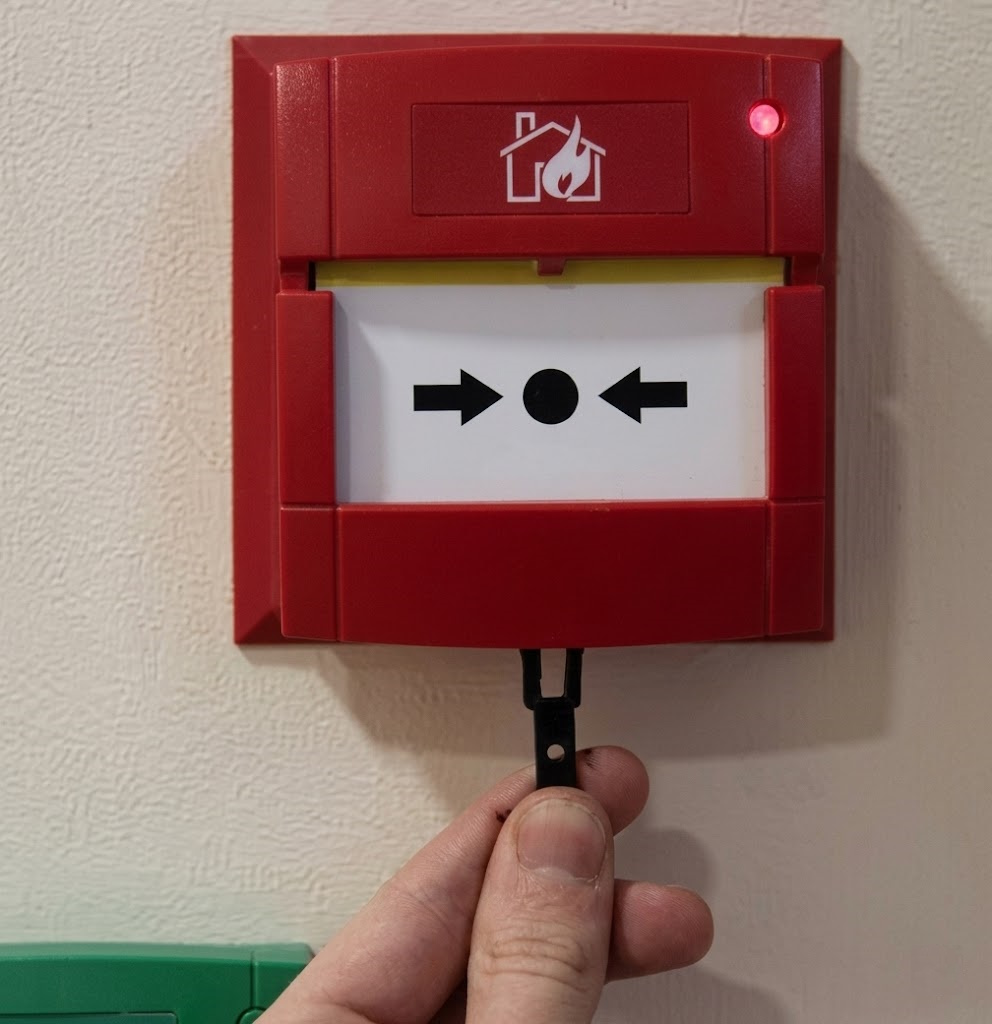 Red fire alarm call point being tested