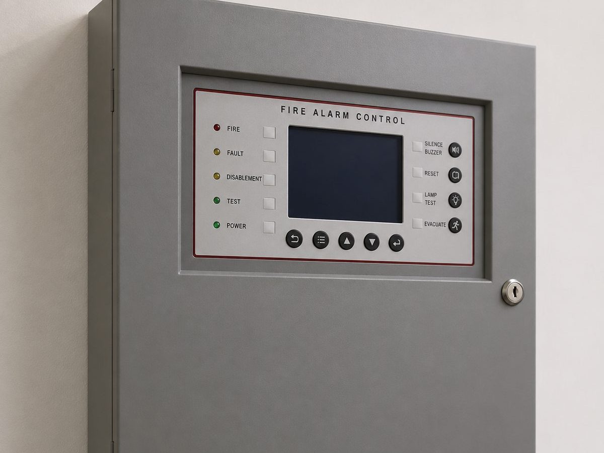 Fire alarm control panel with fire, fault, disablement, test and power indicators