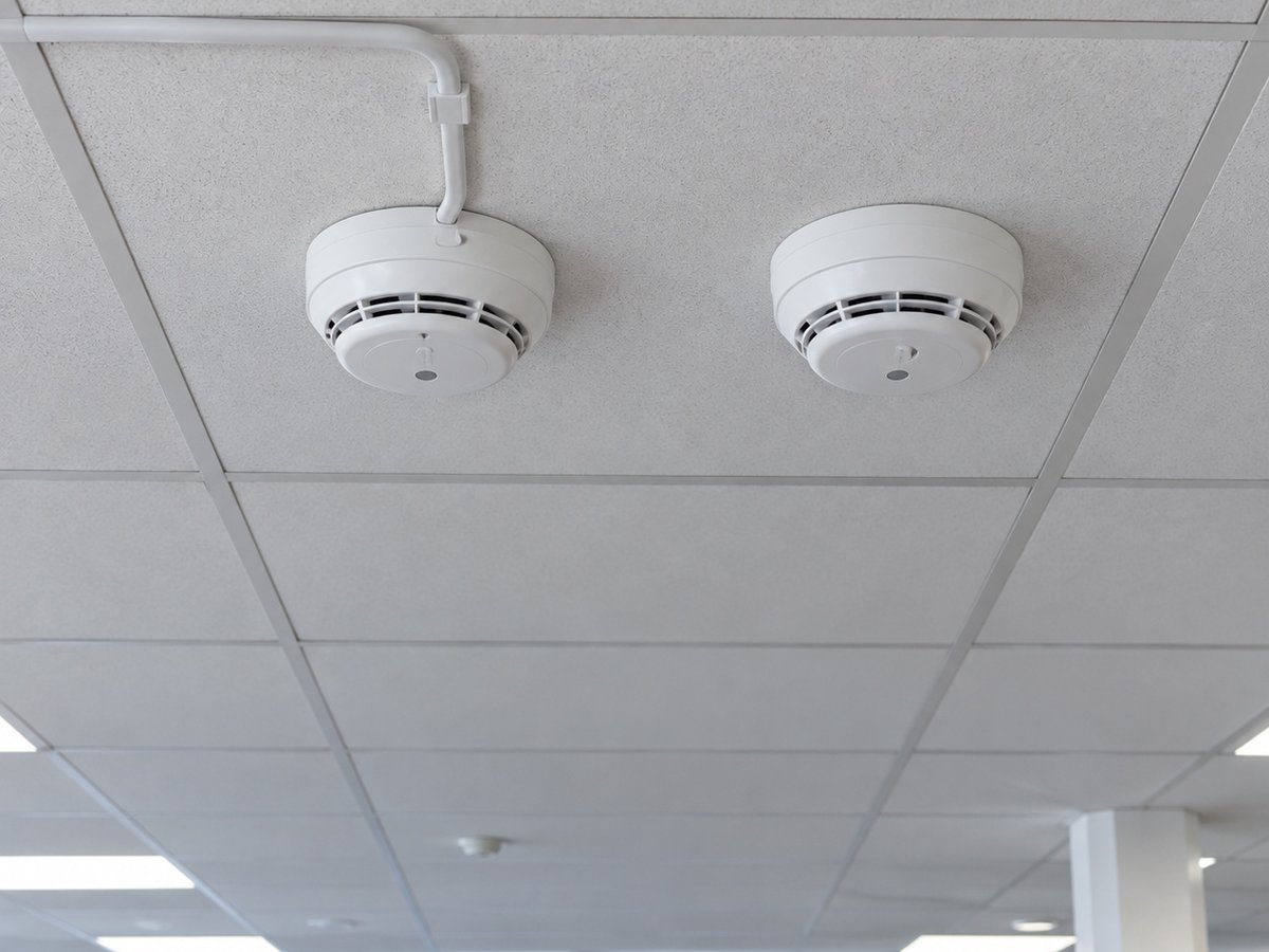 Wired and wireless smoke detectors side by side on an office ceiling